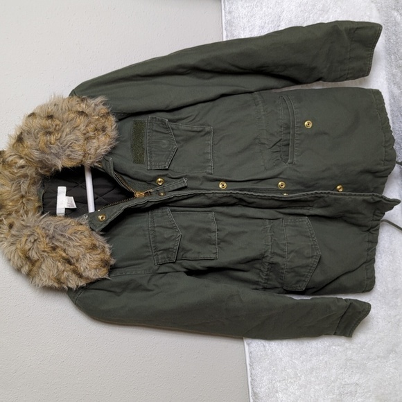 H&M Army Green Coat Faux Fur Collar Womens 0 Olive Green Jacket - Picture 2 of 15